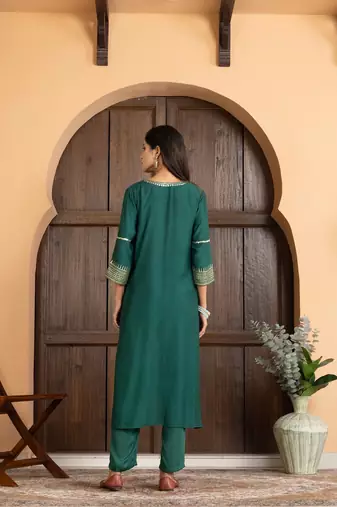 Green art silk plain kurta set