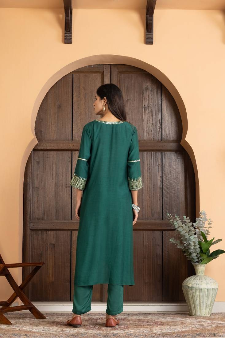 Green art silk plain kurta set