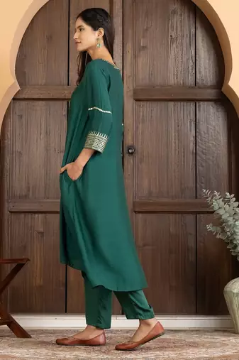 Green art silk plain kurta set