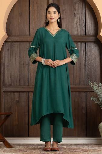 Green art silk plain kurta set
