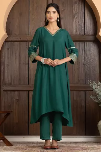Green art silk plain kurta set