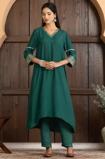Green art silk plain kurta set