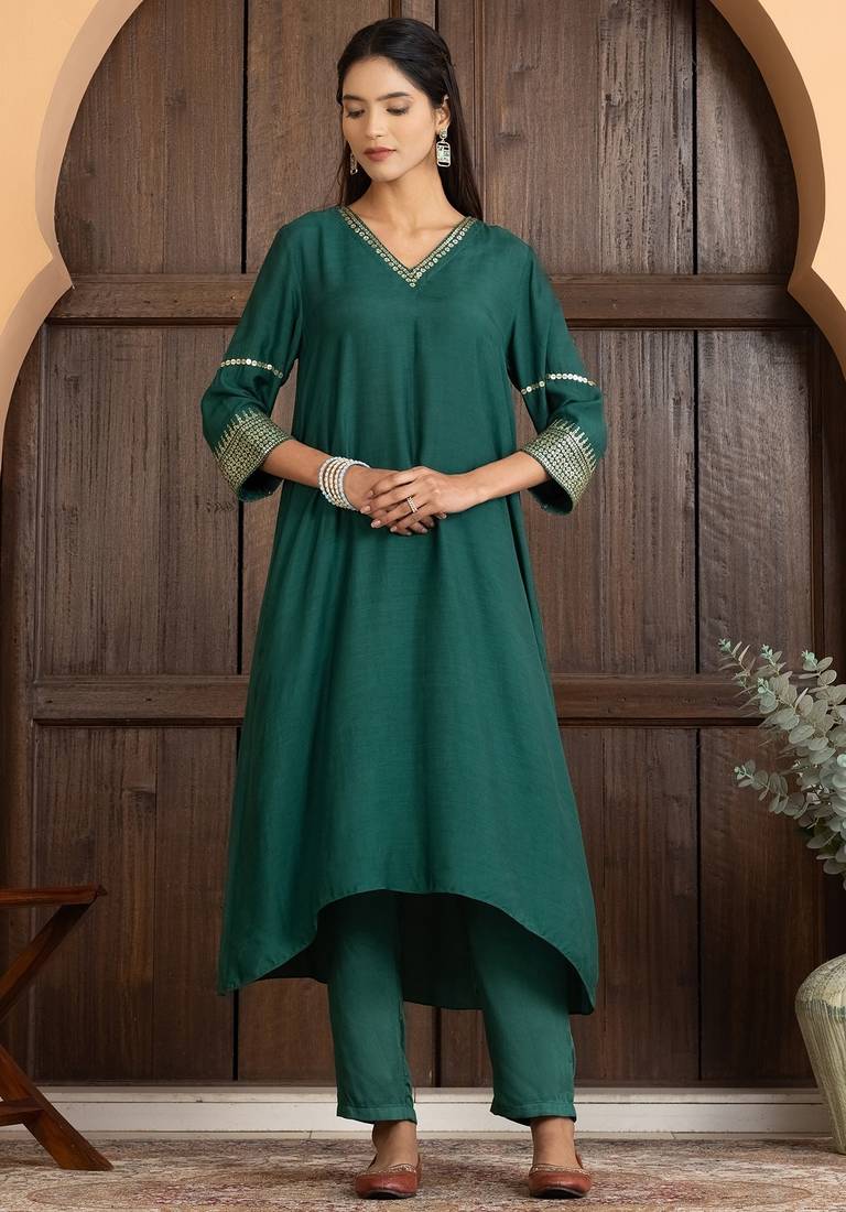 Green art silk plain kurta set