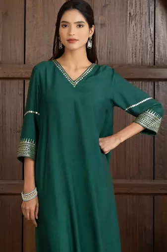 Green art silk plain kurta set