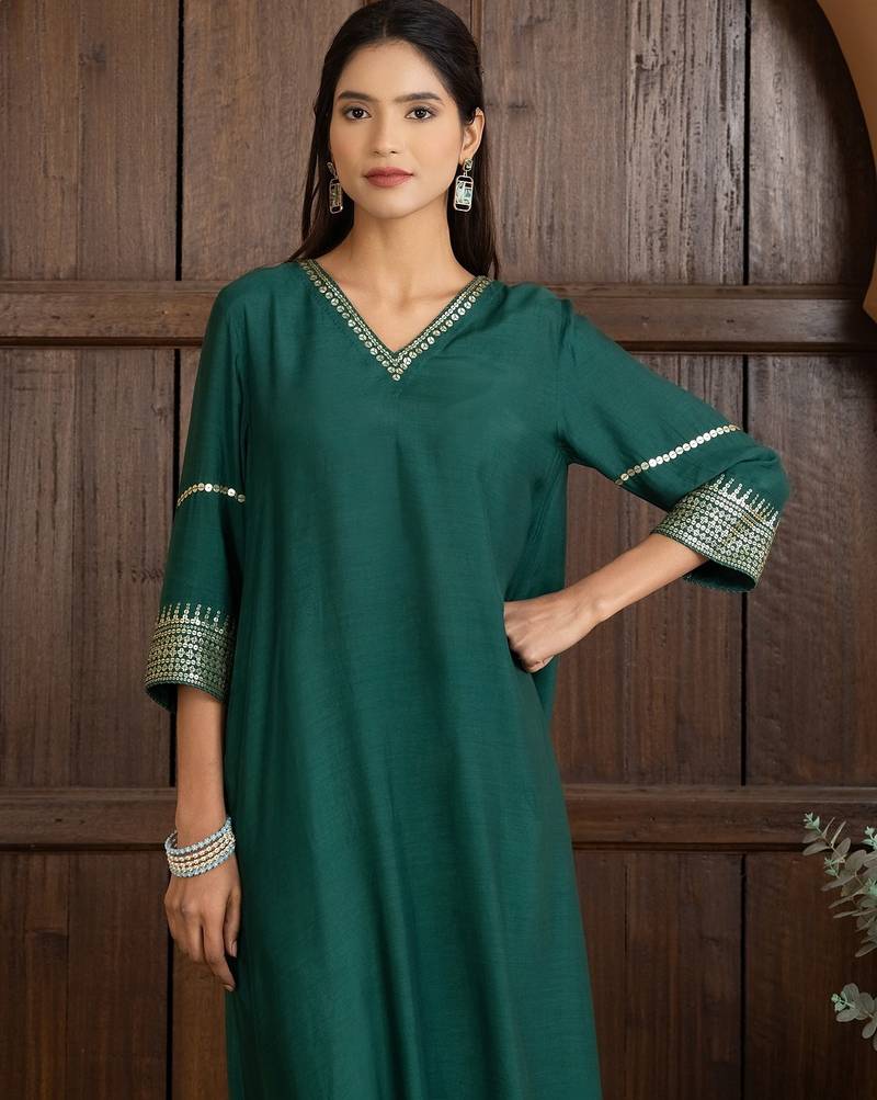 Green art silk plain kurta set