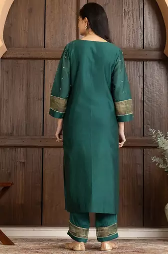 Green chanderi silk plain kurta set