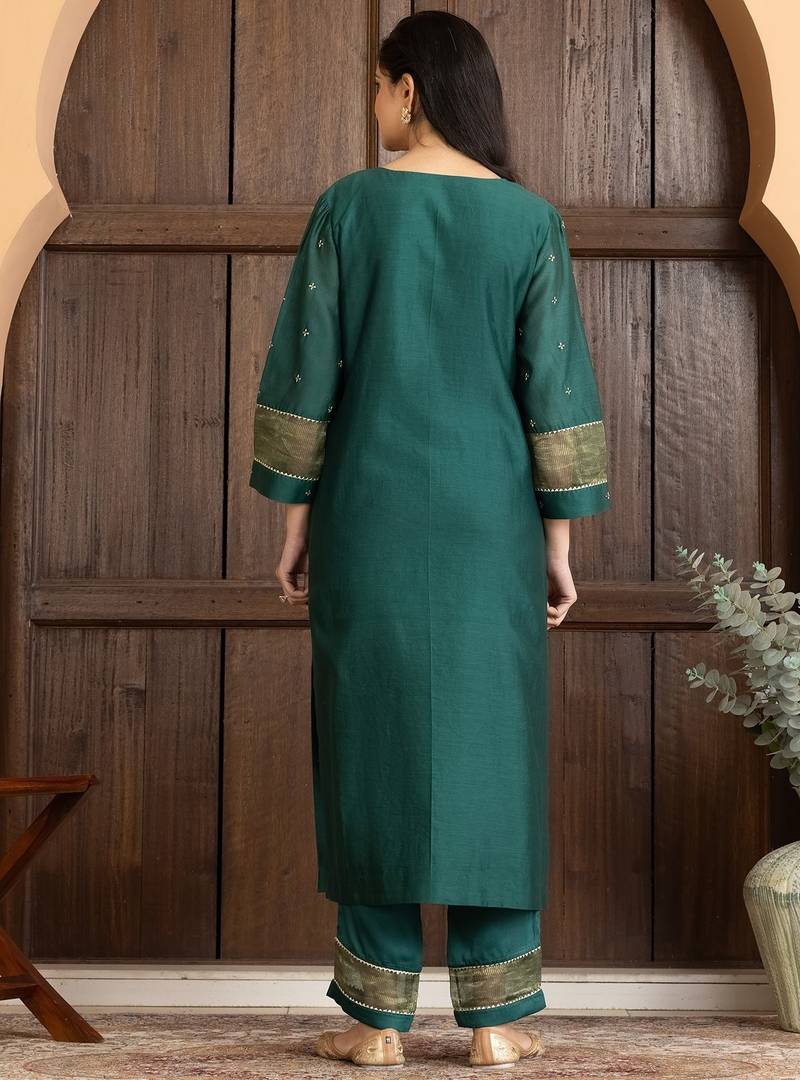 Green chanderi silk plain kurta set