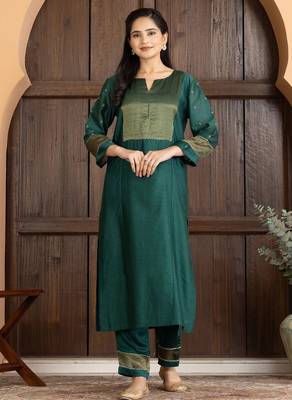 Green chanderi silk plain kurta set 1
