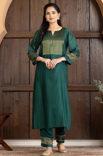 Green chanderi silk plain kurta set