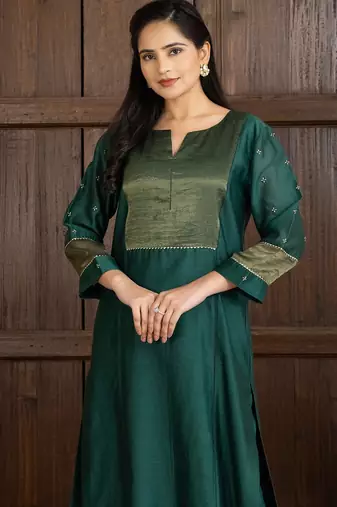 Green chanderi silk plain kurta set