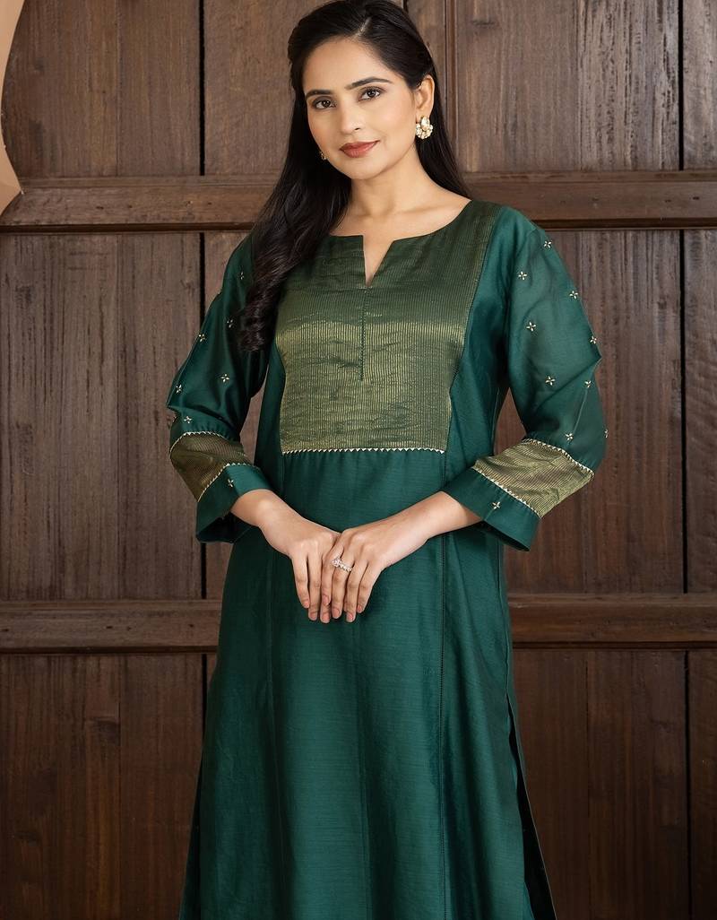 Green chanderi silk plain kurta set