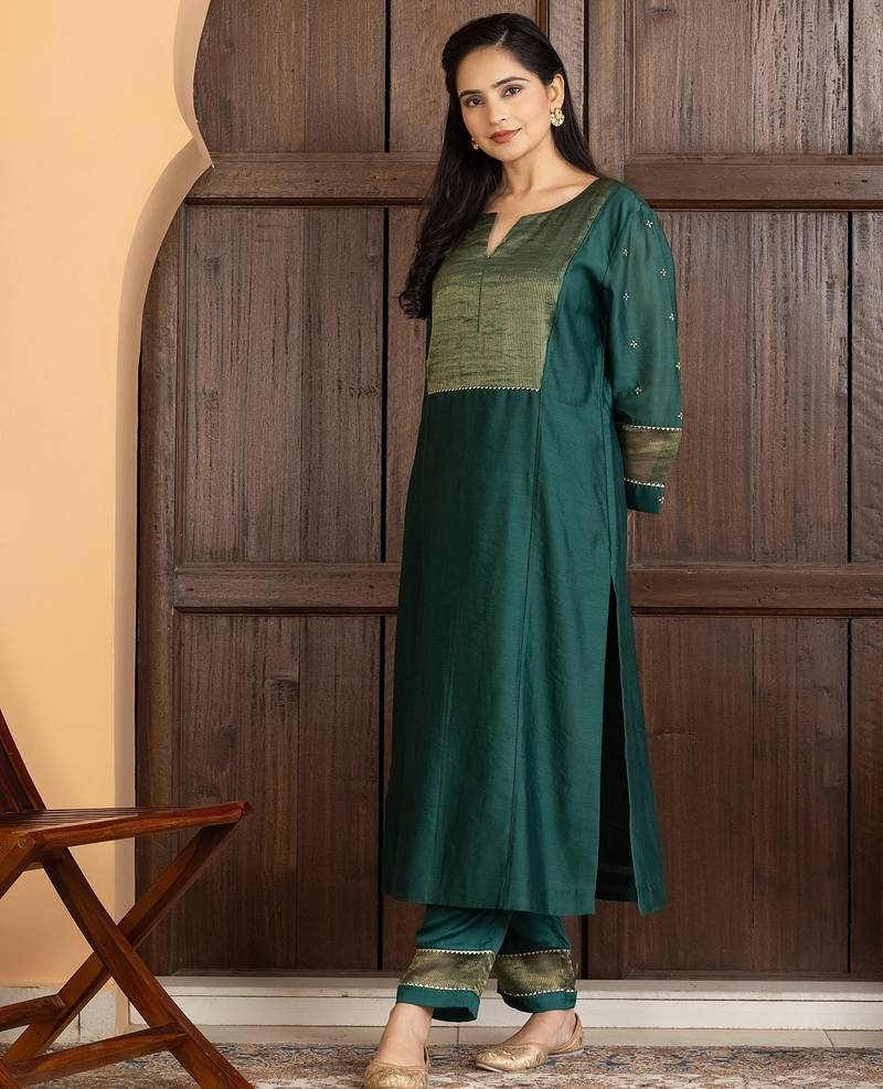 Green chanderi silk plain kurta set