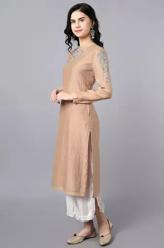 Beige chanderi silk floral print kurta set