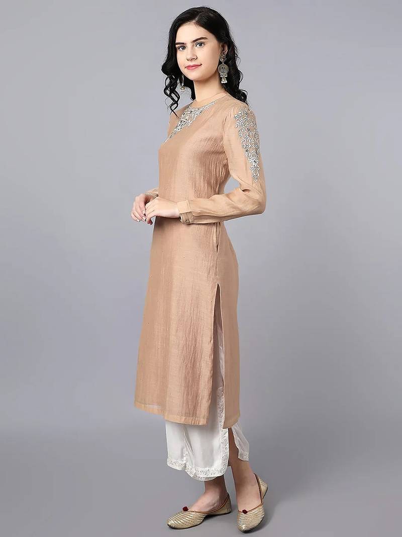 Beige chanderi silk floral print kurta set