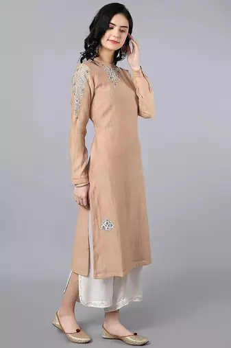 Beige chanderi silk floral print kurta set
