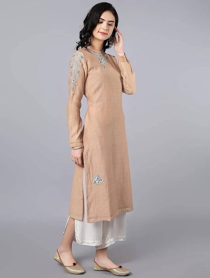 Beige chanderi silk floral print kurta set