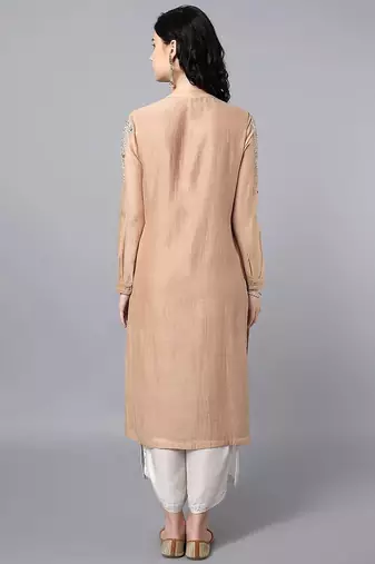 Beige chanderi silk floral print kurta set