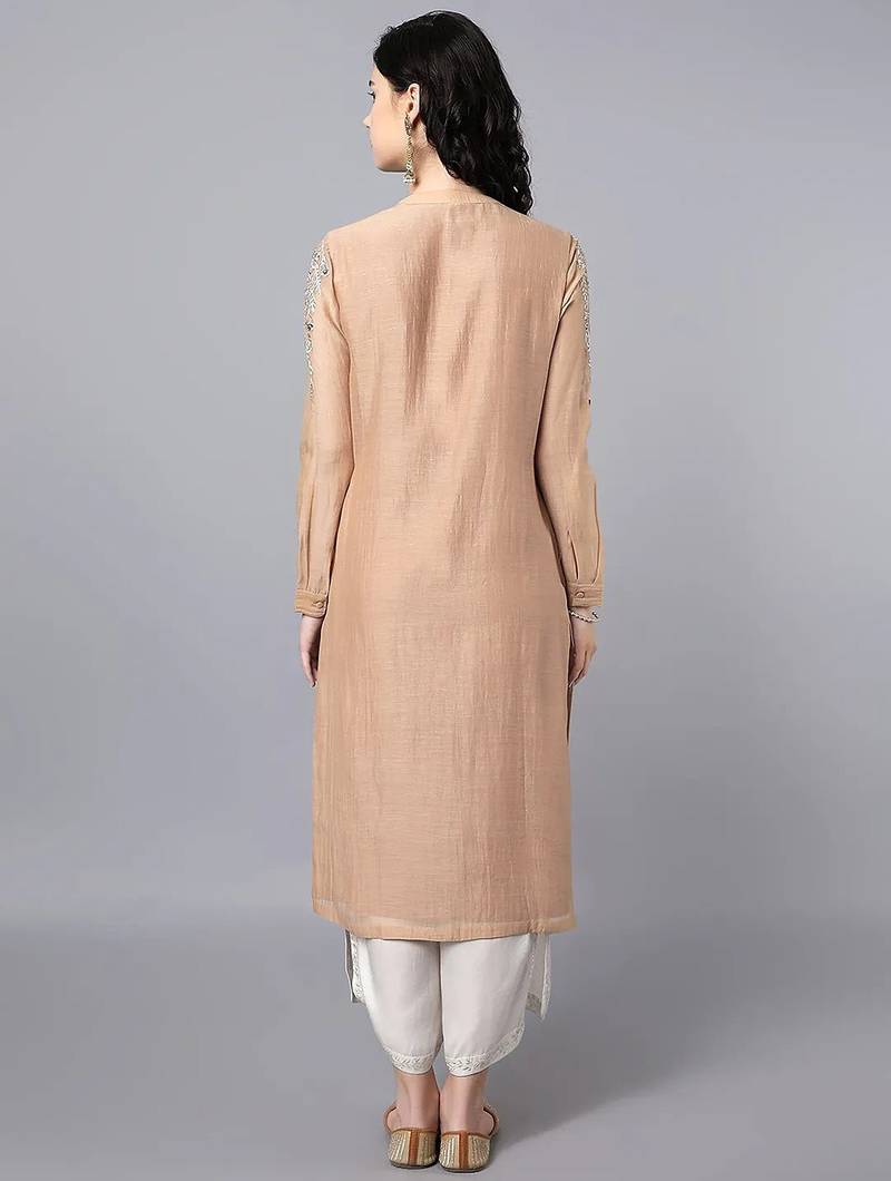 Beige chanderi silk floral print kurta set