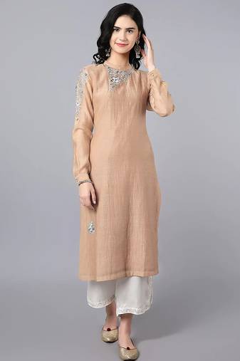 Beige chanderi silk floral print kurta set