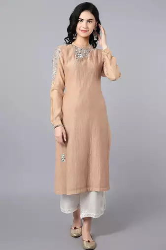 Beige chanderi silk floral print kurta set