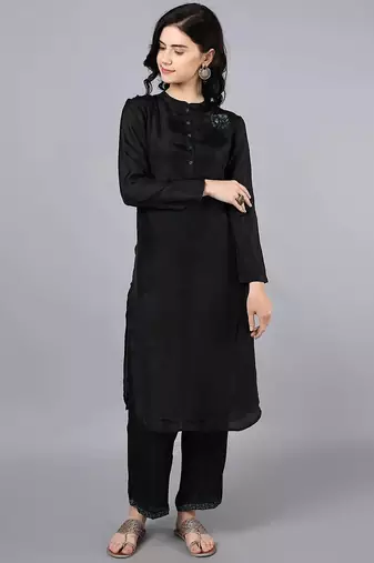 Black chanderi silk sequins work kurta set