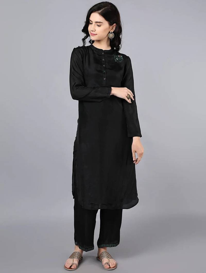Black chanderi silk sequins work kurta set