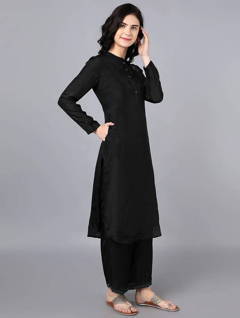 Black chanderi silk sequins work kurta set