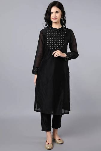 Black chanderi silk sequins work kurta set
