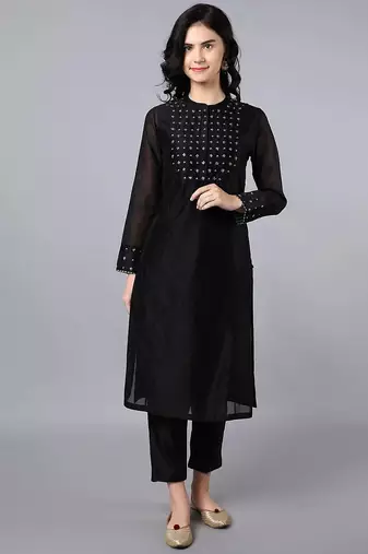 Black chanderi silk sequins work kurta set