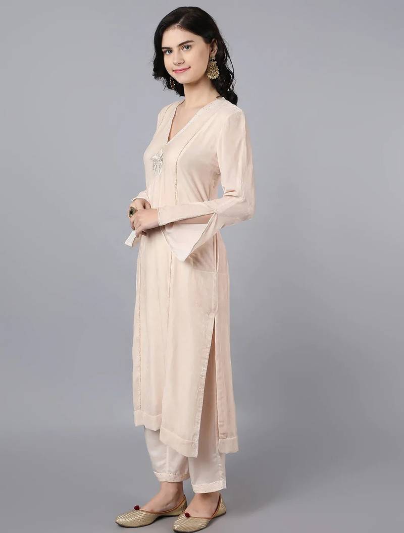 Off white velvet sequins work kurta set