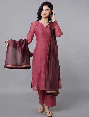 Red chanderi silk plain kurta set 1