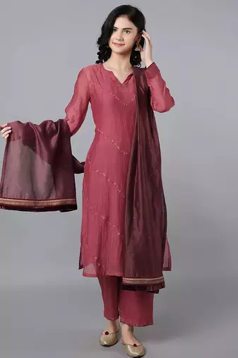 Red chanderi silk plain kurta set