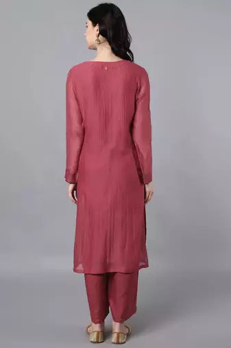 Red chanderi silk plain kurta set