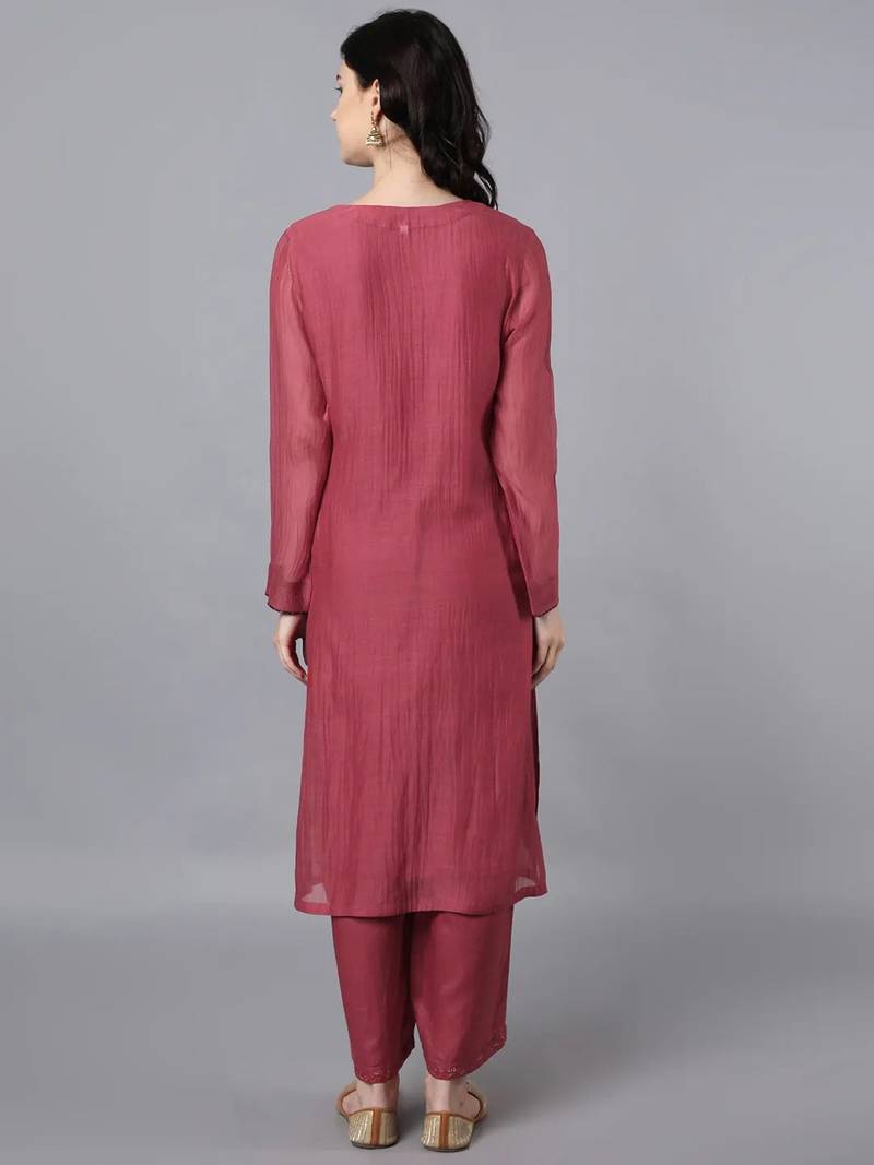 Red chanderi silk plain kurta set