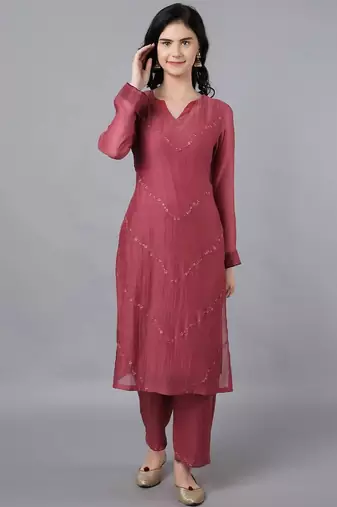Red chanderi silk plain kurta set
