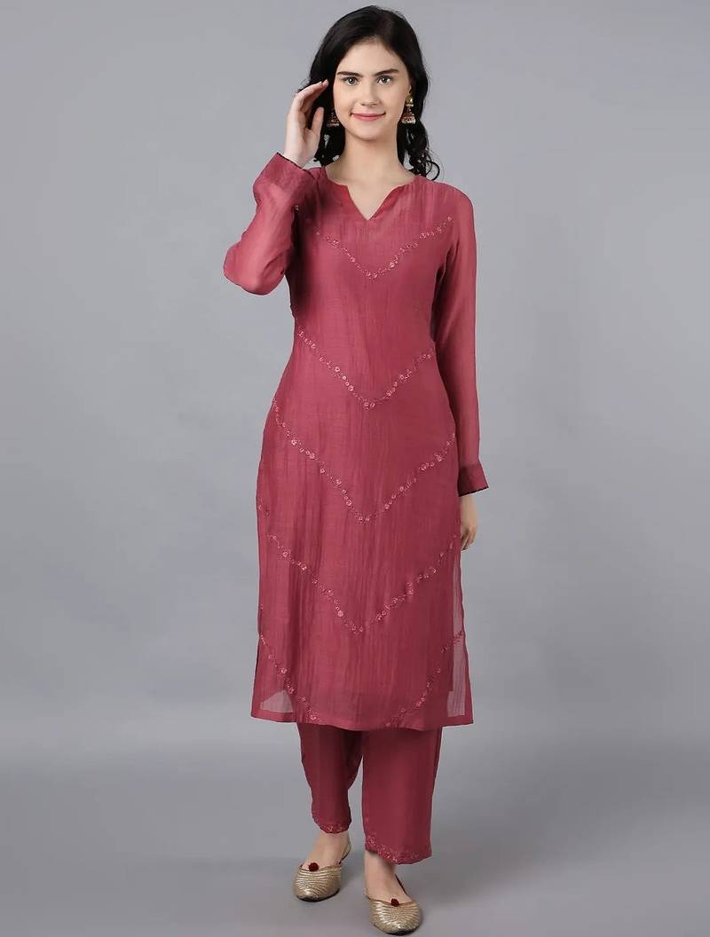 Red chanderi silk plain kurta set