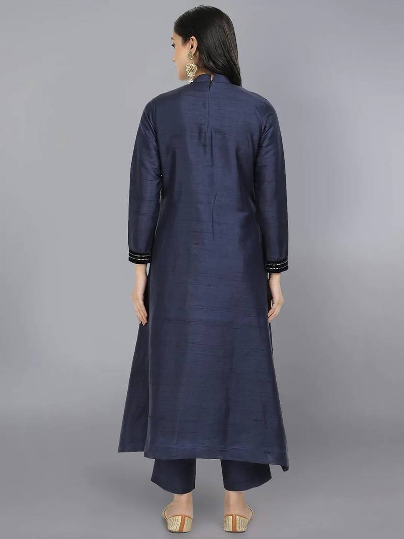 Blue silk plain kurta set