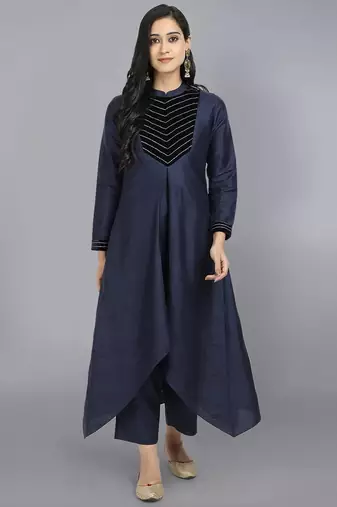 Blue silk plain kurta set