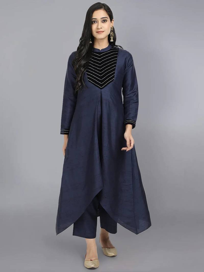 Blue silk plain kurta set