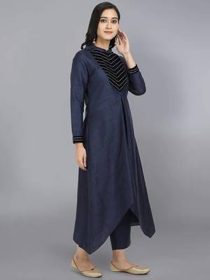 Blue silk plain kurta set 4