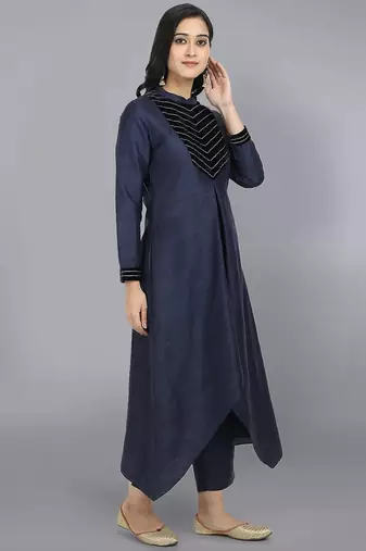 Blue silk plain kurta set