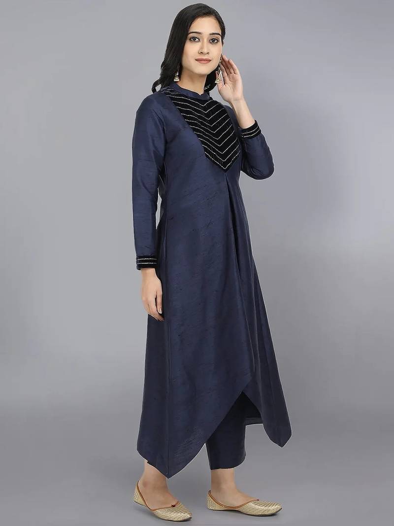 Blue silk plain kurta set