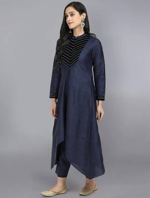 Blue silk plain kurta set 1
