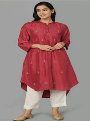 Red chanderi silk plain kurta set 1