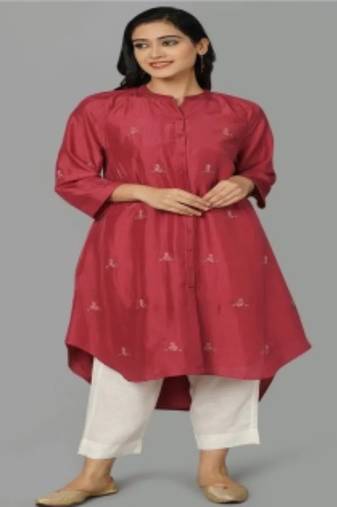 Red chanderi silk plain kurta set