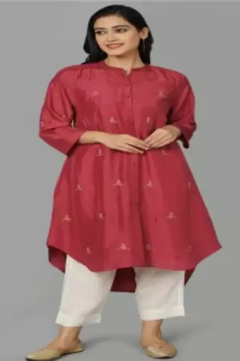 Red chanderi silk plain kurta set
