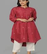 Red chanderi silk plain kurta set