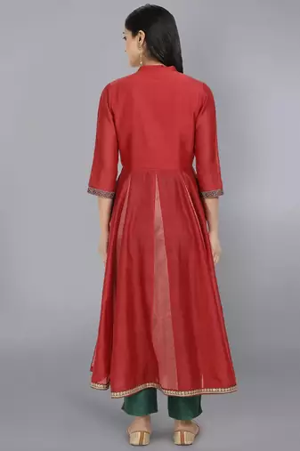 Red silk plain kurta set