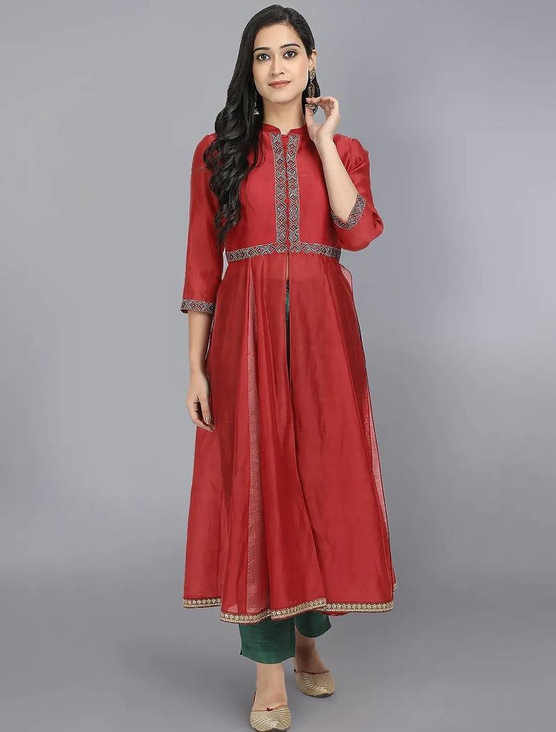 Red silk plain kurta set
