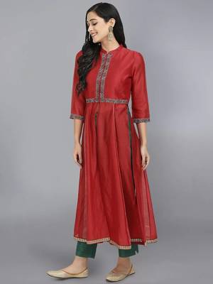 Red silk plain kurta set 1